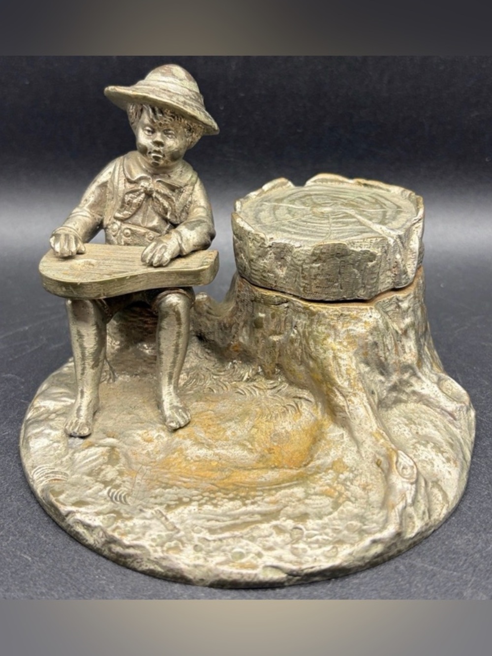 Vintage Boy Figure with Zither & Tree Trunk Metal Inkwell, Collectible Decor